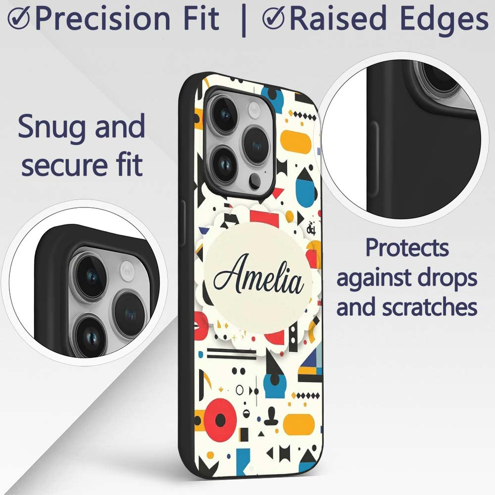 Abstract Playful Bauhaus Style Shapes Colorful Custom Name Protective Phone Case Mobile Cover Durable Everyday Smartphone Shock Resistant