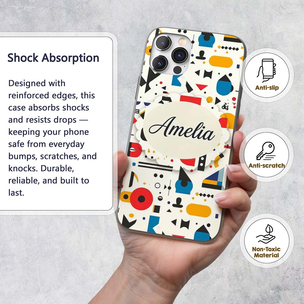 Abstract Playful Bauhaus Style Shapes Colorful Custom Name Protective Phone Case Mobile Cover Durable Everyday Smartphone Shock Resistant