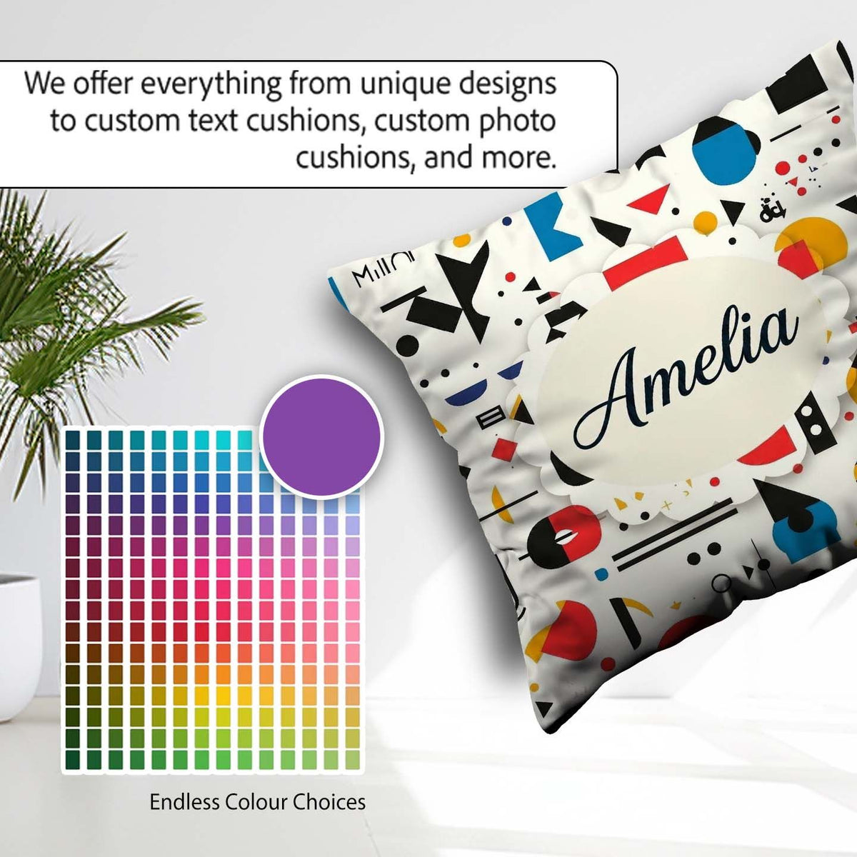 Custom Name Abstract Playful Bauhaus Shapes Colorful Seamless Square Filled Cushion Throw Pillow Sofa Bed Home Decor Zip Washable UK Made