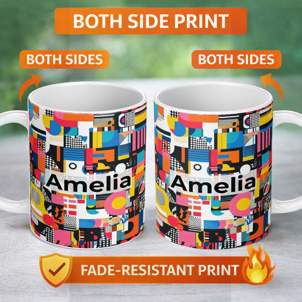 Personalized Custom Name Abstract Vibrant Collage Geometric Pop Art Style Seamless Pattern 11oz Ceramic Coffee Tea Mug White Large Handle