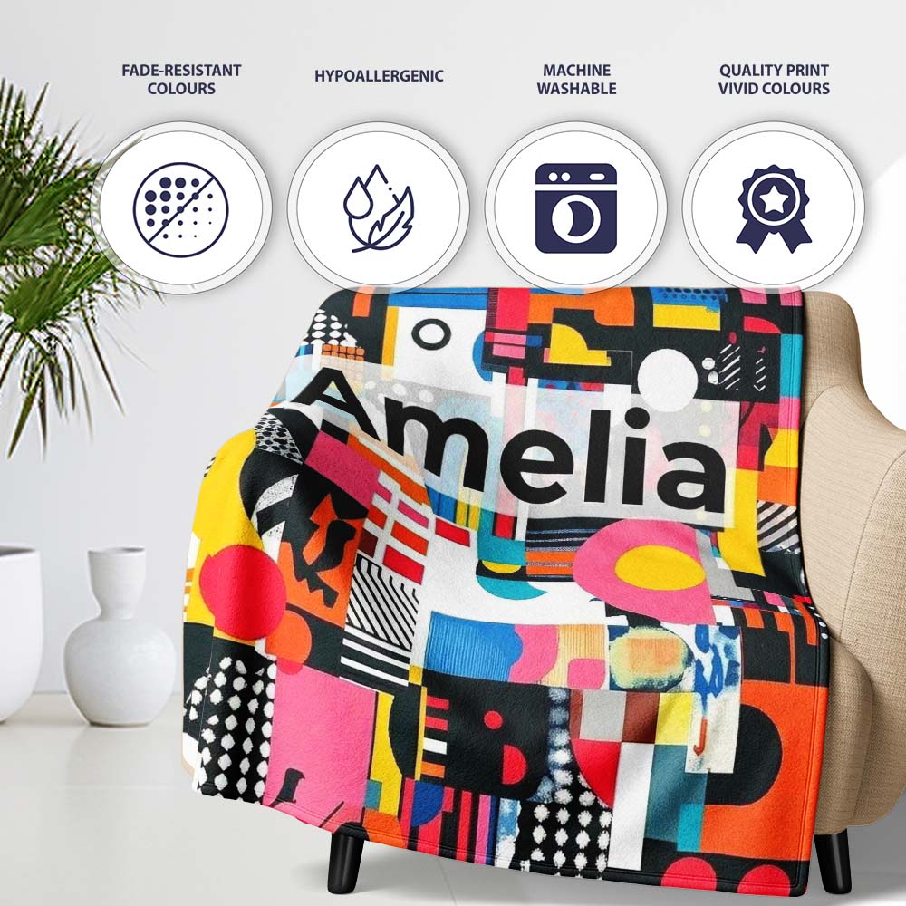 Abstract Vibrant Collage Geometric Pop Art Style Seamless Pattern Personalised Custom Name Super Soft Fleece Blanket Bed Sofa Throw