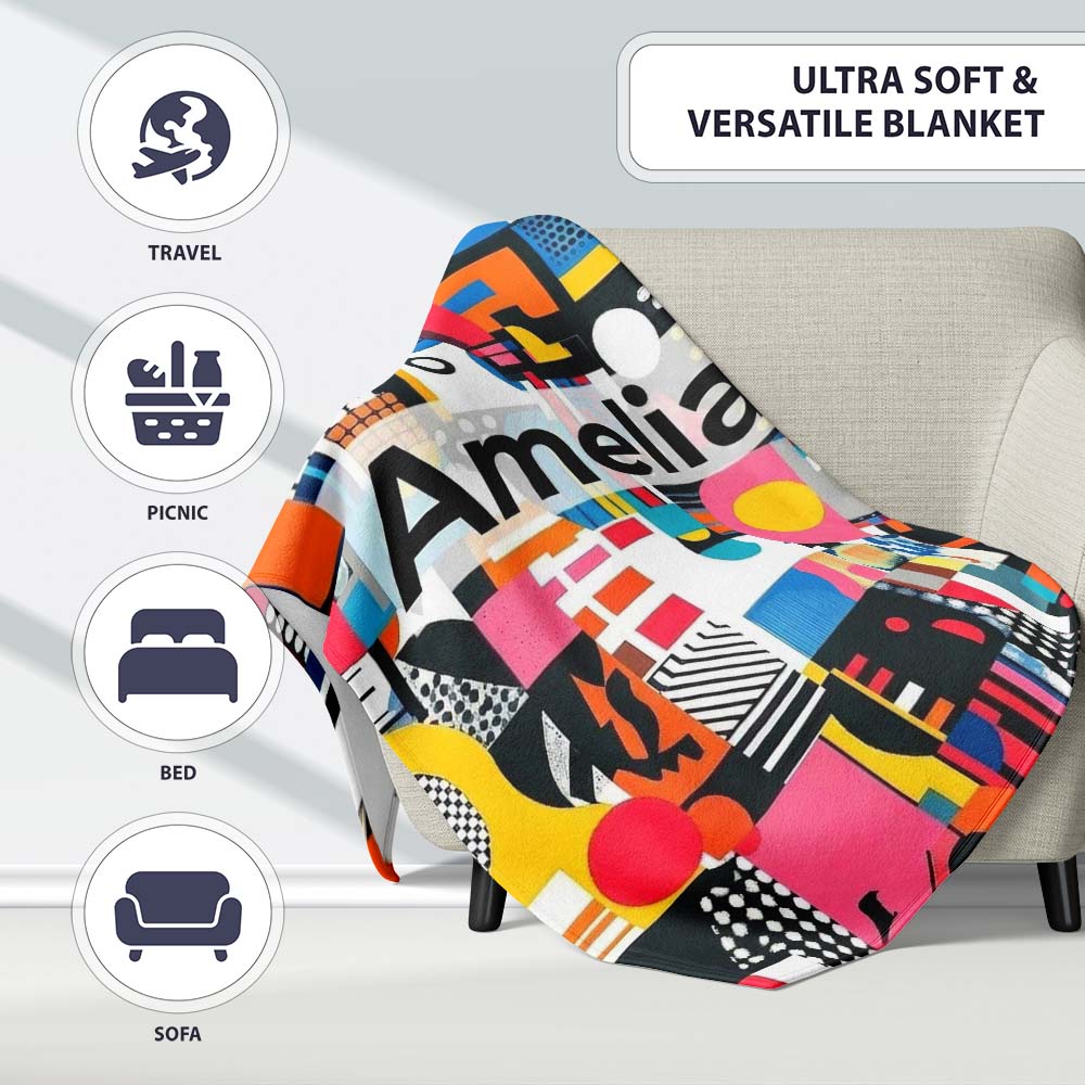 Abstract Vibrant Collage Geometric Pop Art Style Seamless Pattern Personalised Custom Name Super Soft Fleece Blanket Bed Sofa Throw