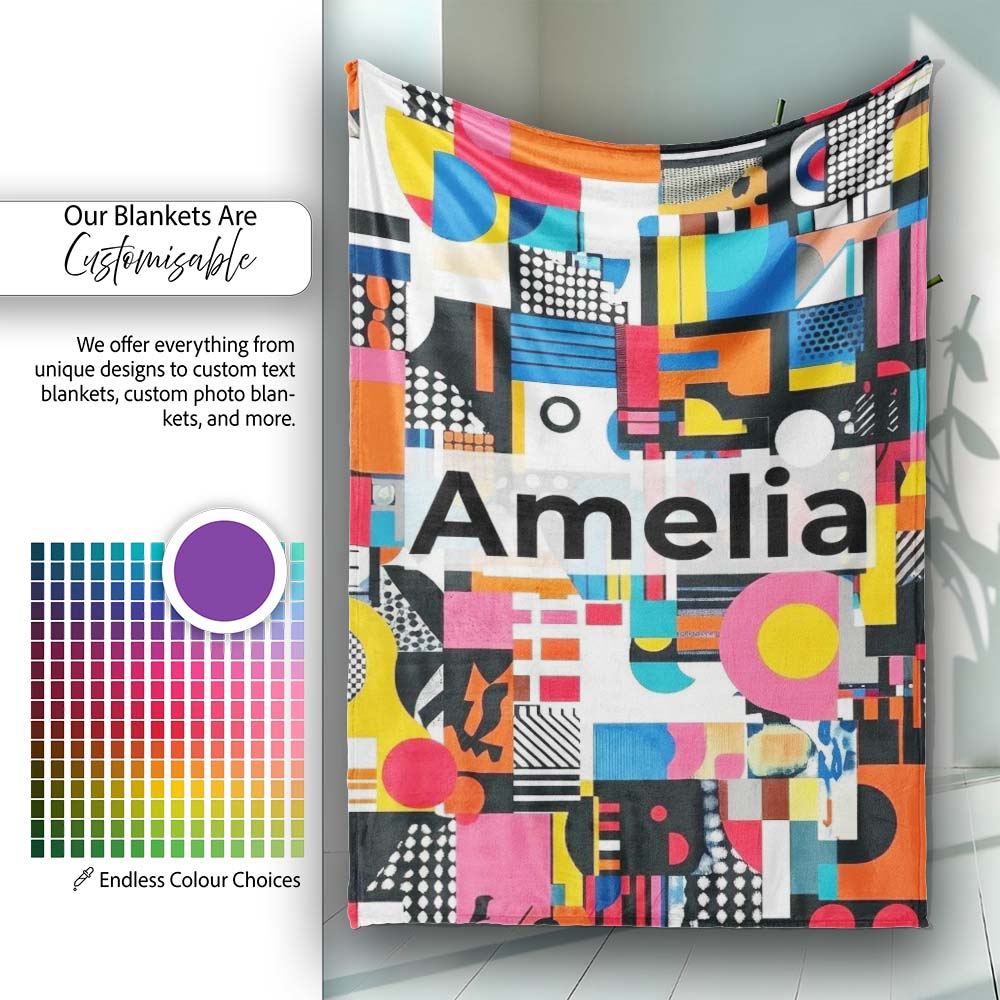 Abstract Vibrant Collage Geometric Pop Art Style Seamless Pattern Personalised Custom Name Super Soft Fleece Blanket Bed Sofa Throw