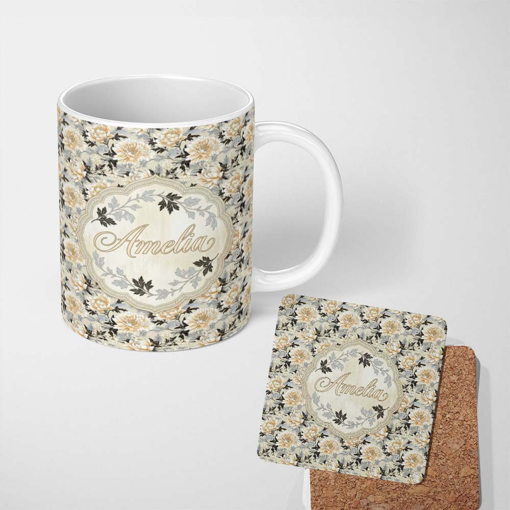 Personalized Custom Name Elegant Peach and Dark Leaf Floral Seamless Pattern Vintage Lovely 11oz Ceramic Coffee Tea Mug White Large Handle