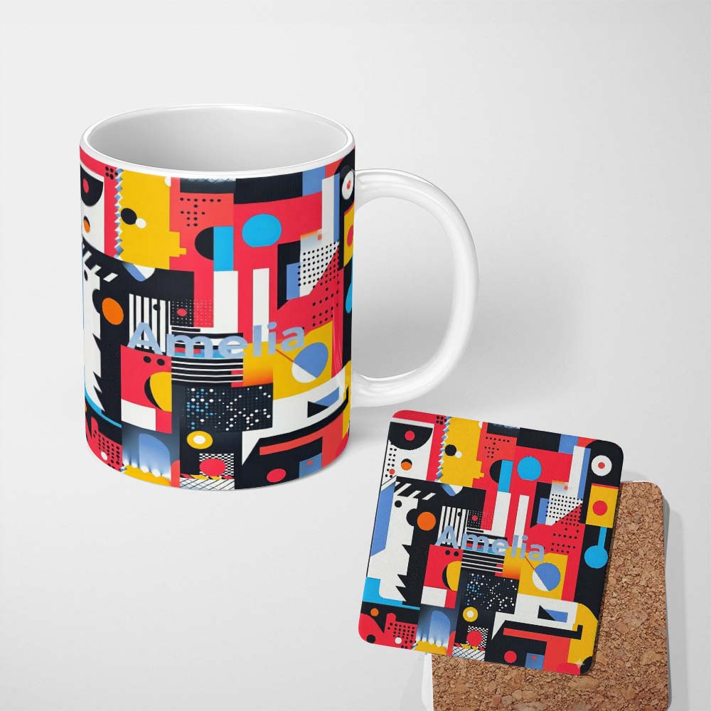 Personalized Custom Name Abstract Bright Modern Graphic Shapes Bold Artistic Seamless 11oz Ceramic Coffee Tea Mug White Large Handle