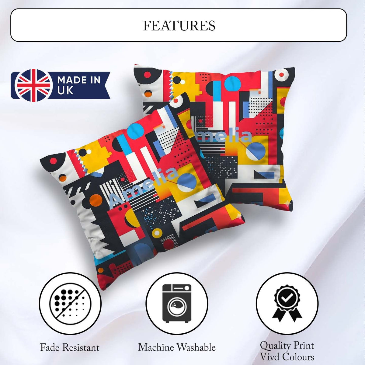 Custom Name Abstract Bright Modern Shapes Bold Artistic Seamless Square Filled Cushion Throw Pillow Sofa Bed Home Decor Zip Washable UK Made