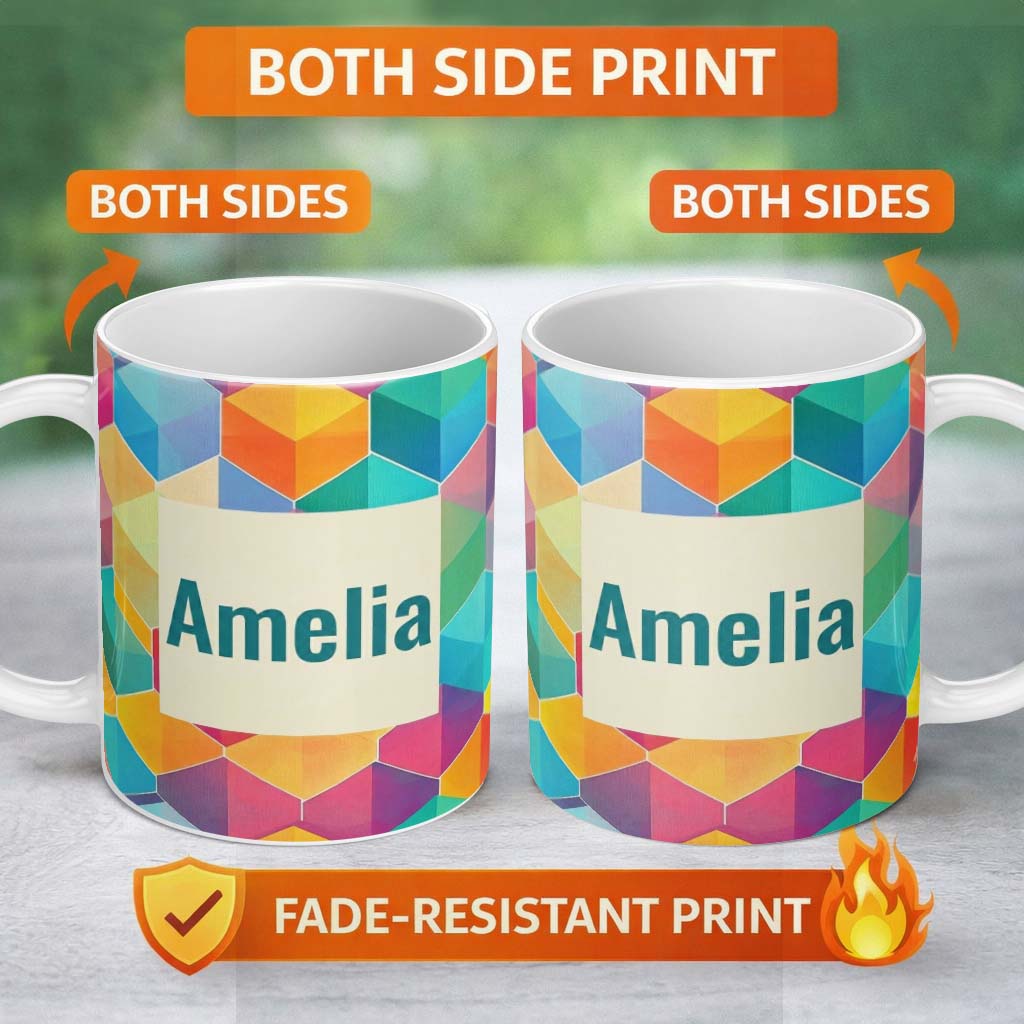 Personalized Custom Name Abstract Colorful Hexagon Gradient Geometric Tile Seamless Pattern 11oz Ceramic Coffee Tea Mug White Large Handle