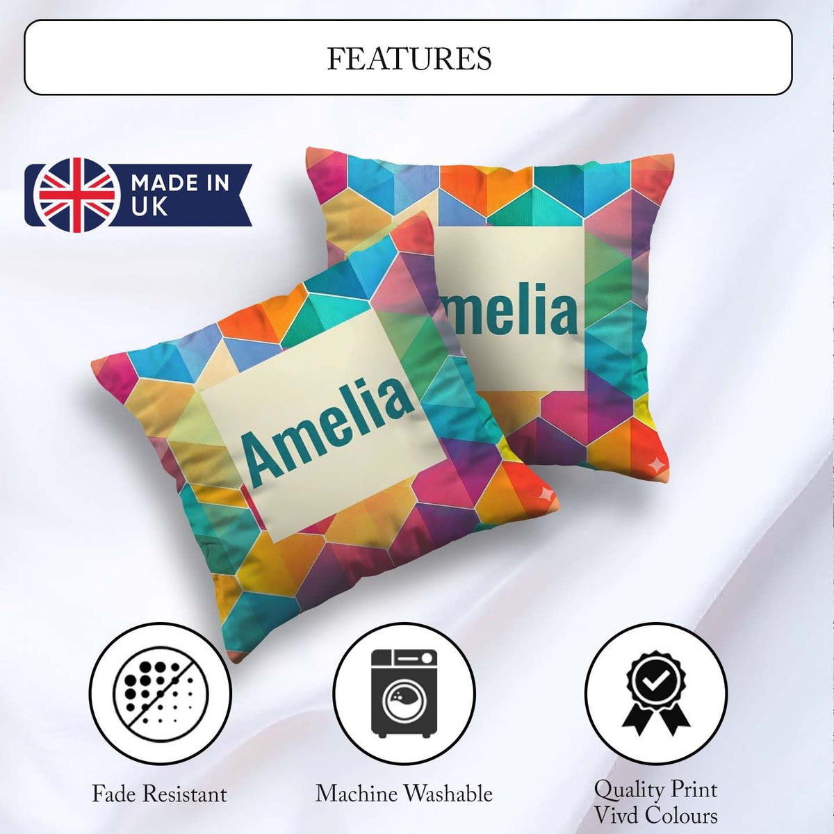 Custom Name Abstract Colorful Hexagon Gradient Geometric Pattern Square Filled Cushion Throw Pillow Sofa Bed Home Decor Zip Washable UK Made