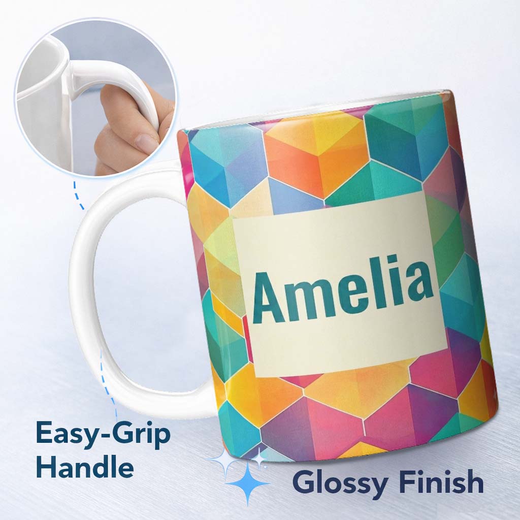 Personalized Custom Name Abstract Colorful Hexagon Gradient Geometric Tile Seamless Pattern 11oz Ceramic Coffee Tea Mug White Large Handle