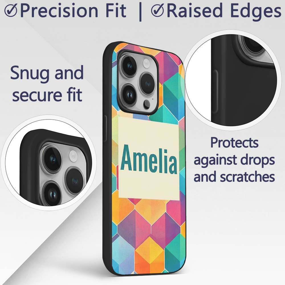Abstract Colorful Hexagon Gradient Geometric Tile Custom Name Protective Phone Case Mobile Cover Durable Everyday Smartphone Shock Resistant