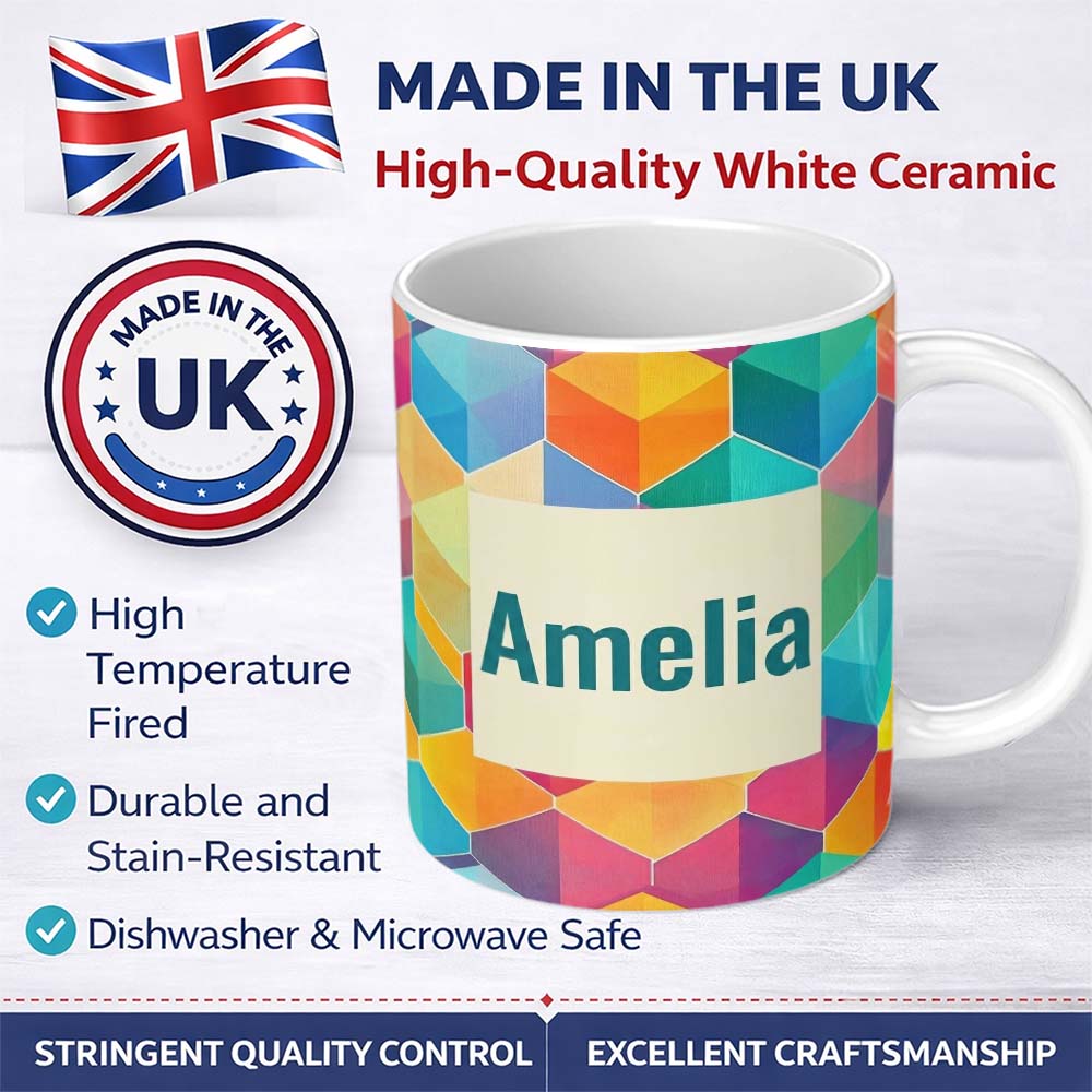 Personalized Custom Name Abstract Colorful Hexagon Gradient Geometric Tile Seamless Pattern 11oz Ceramic Coffee Tea Mug White Large Handle