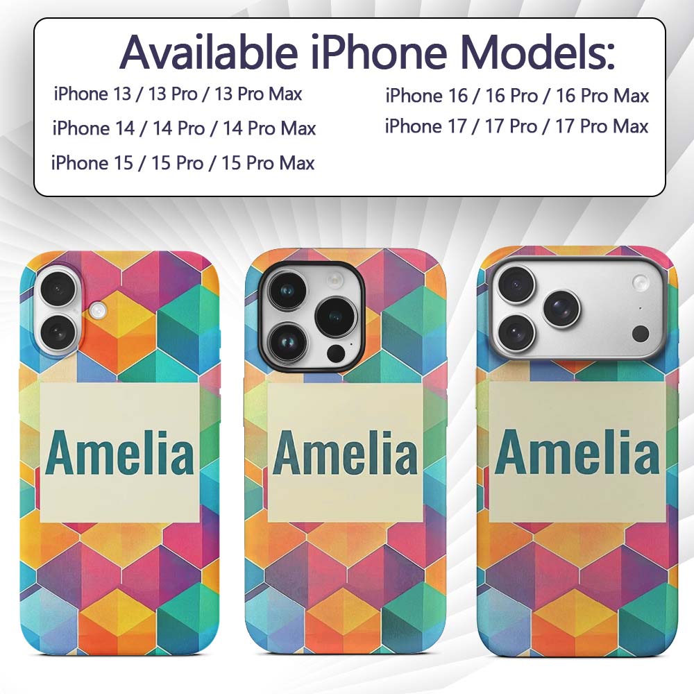 Abstract Colorful Hexagon Gradient Geometric Tile Custom Name Protective Phone Case Mobile Cover Durable Everyday Smartphone Shock Resistant