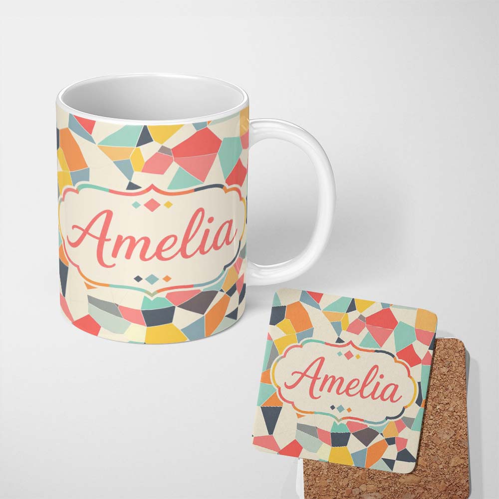Personalized Custom Name Abstract Pastel Mosaic Irregular Geometric Shapes Modern Seamless 11oz Ceramic Coffee Tea Mug White Large Handle