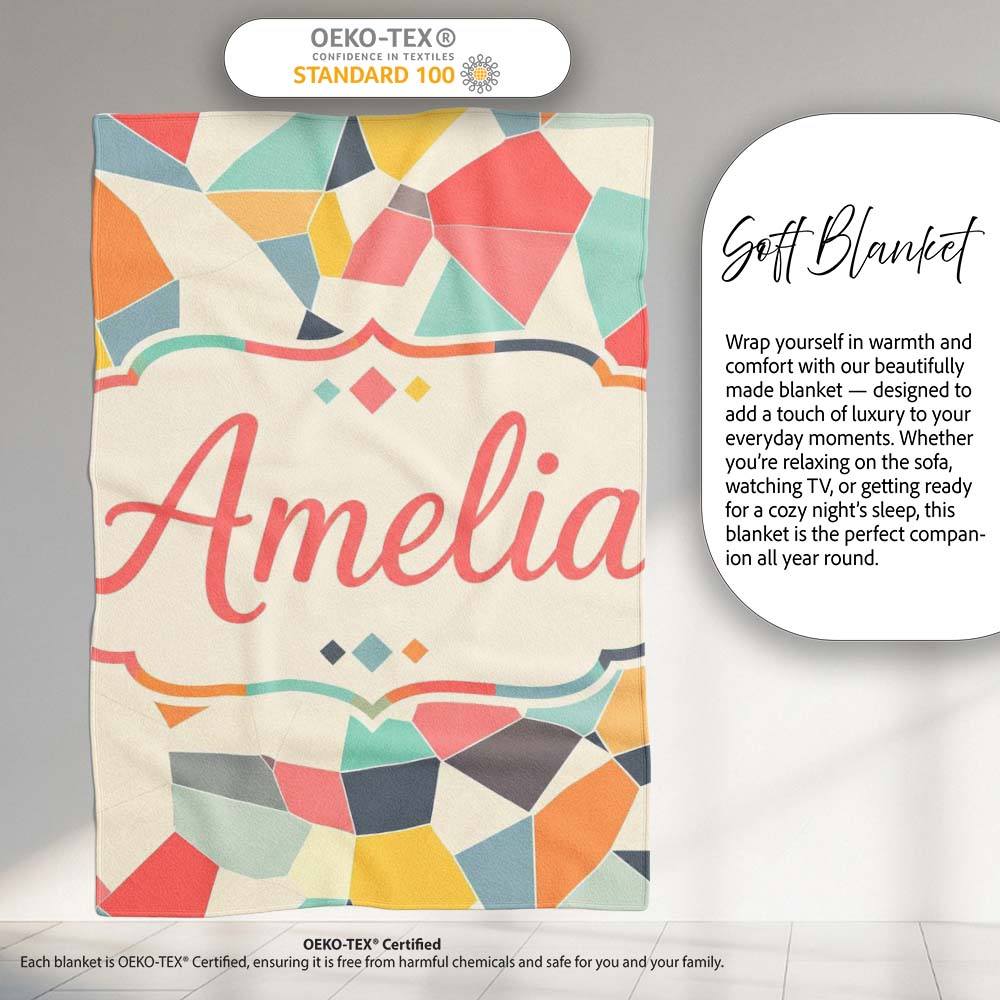 Abstract Pastel Mosaic Irregular Geometric Shapes Modern Seamless Personalised Custom Name Super Soft Fleece Blanket Bed Sofa Throw