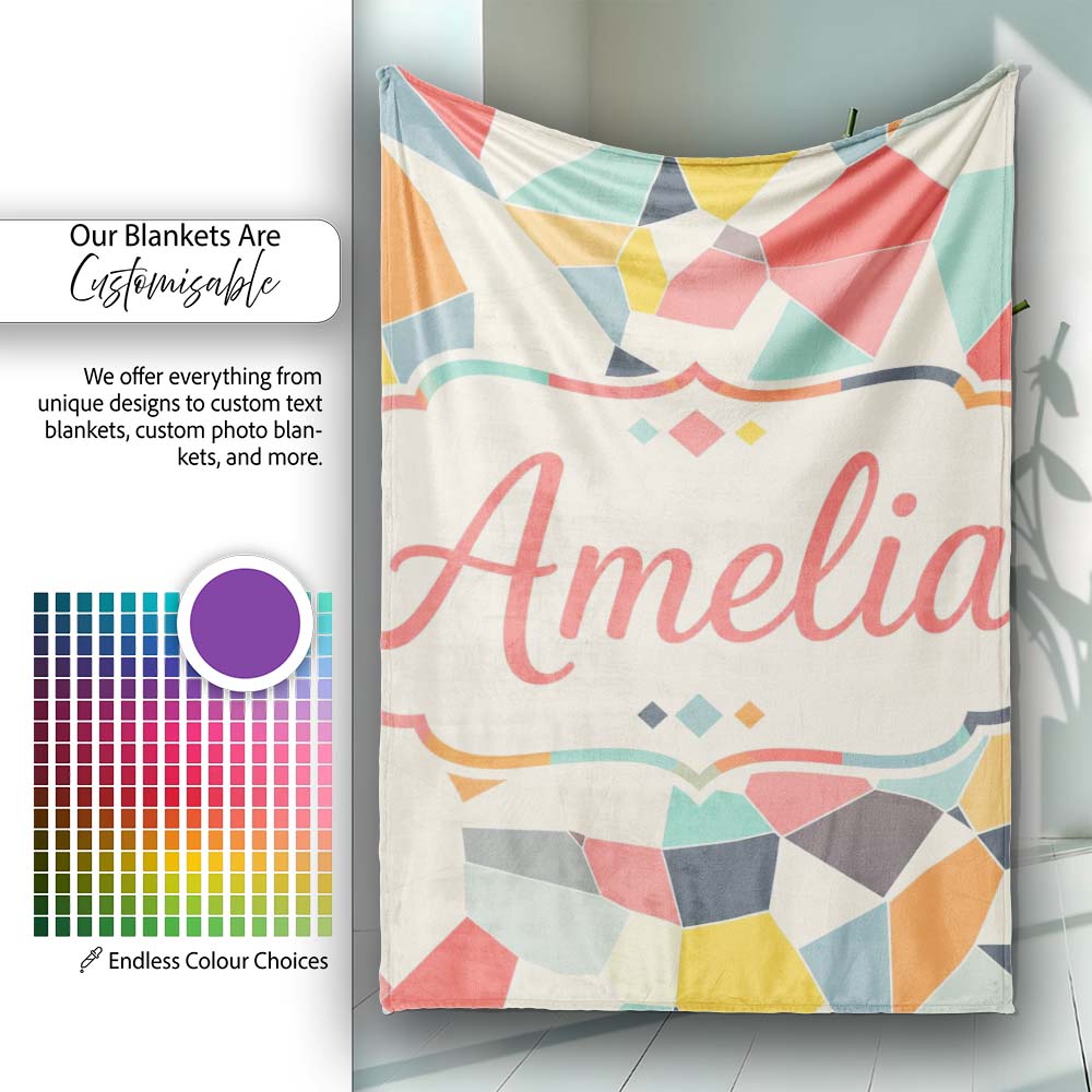 Abstract Pastel Mosaic Irregular Geometric Shapes Modern Seamless Personalised Custom Name Super Soft Fleece Blanket Bed Sofa Throw