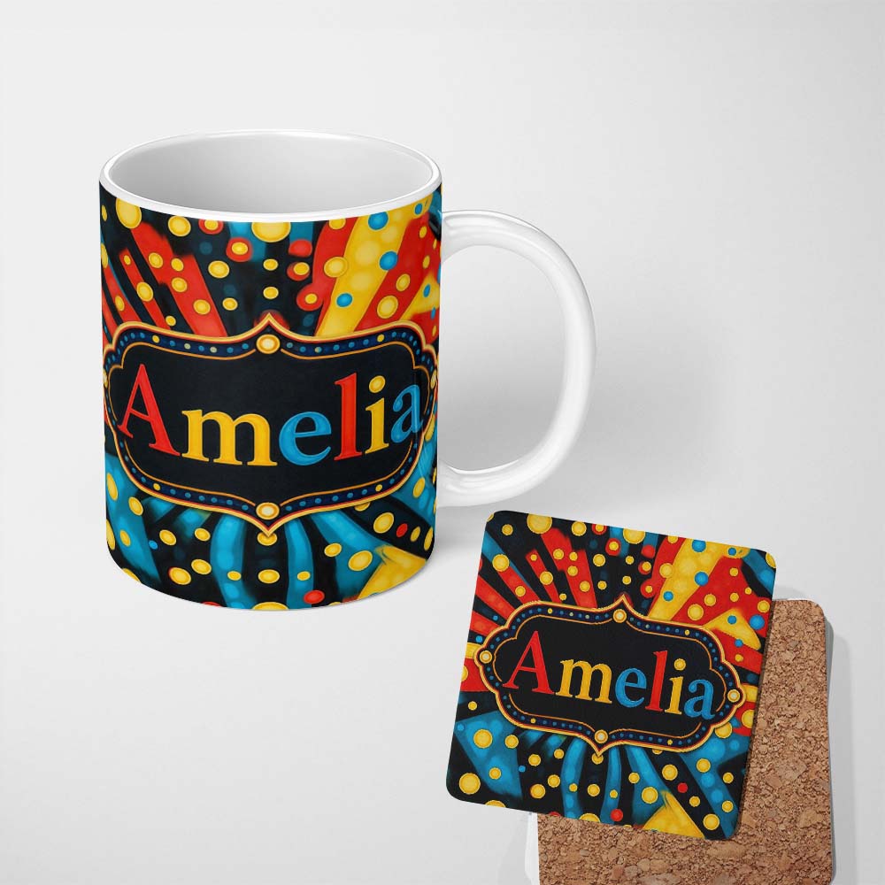 Personalized Custom Name Abstract Psychedelic Radial Burst Bright Color Dots Seamless 11oz Ceramic Coffee Tea Mug White Large Handle