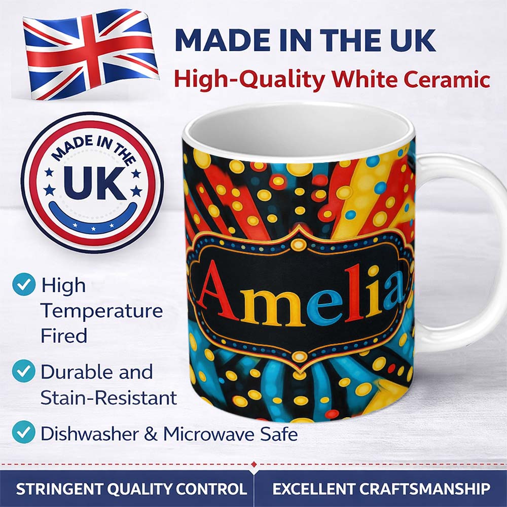 Personalized Custom Name Abstract Psychedelic Radial Burst Bright Color Dots Seamless 11oz Ceramic Coffee Tea Mug White Large Handle