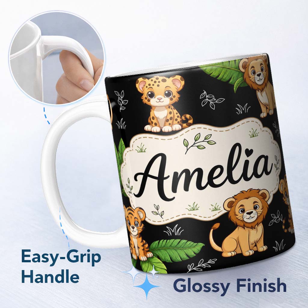 Personalized Custom Name Cute Jungle Animals Lion Tiger Leopard Tropical Leaves Black Lovely 11oz Ceramic Coffee Tea Mug White Large Handle