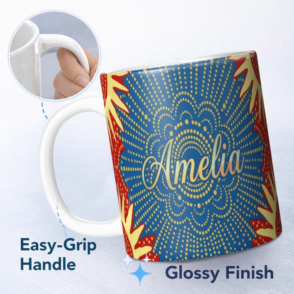 Personalized Custom Name Abstract Firework Starburst Colorful Dot Explosion Seamless Pattern 11oz Ceramic Coffee Tea Mug White Large Handle