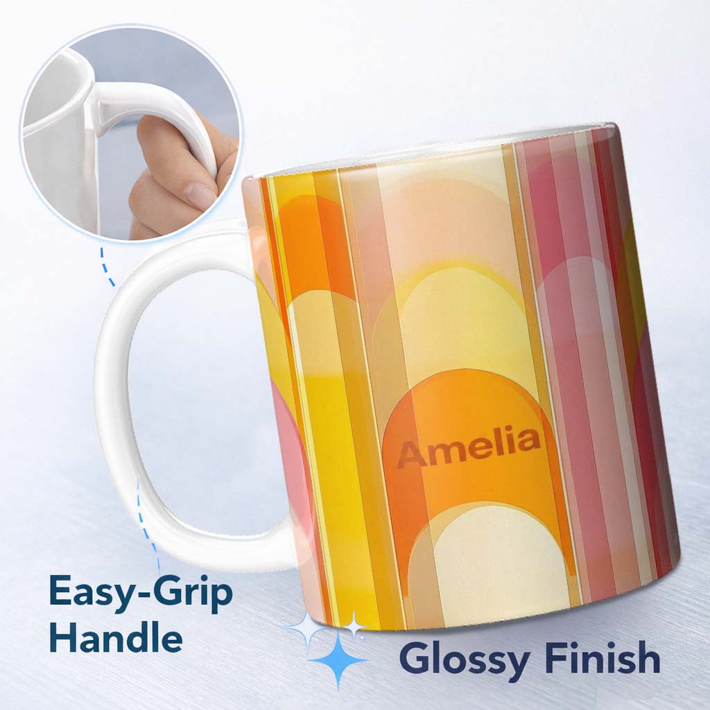 Personalized Custom Name Abstract Fluid Gradient Vertical Waves Warm Sunset Colors Seamless 11oz Ceramic Coffee Tea Mug White Large Handle