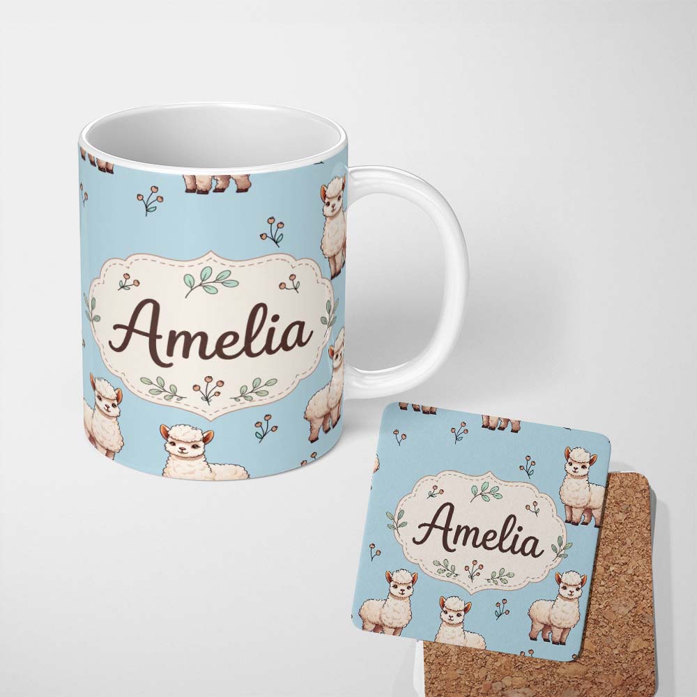 Personalized Custom Name Cute Alpaca Llama Farm Animals Floral Seamless Pattern Blue Lovely 11oz Ceramic Coffee Tea Mug White Large Handle