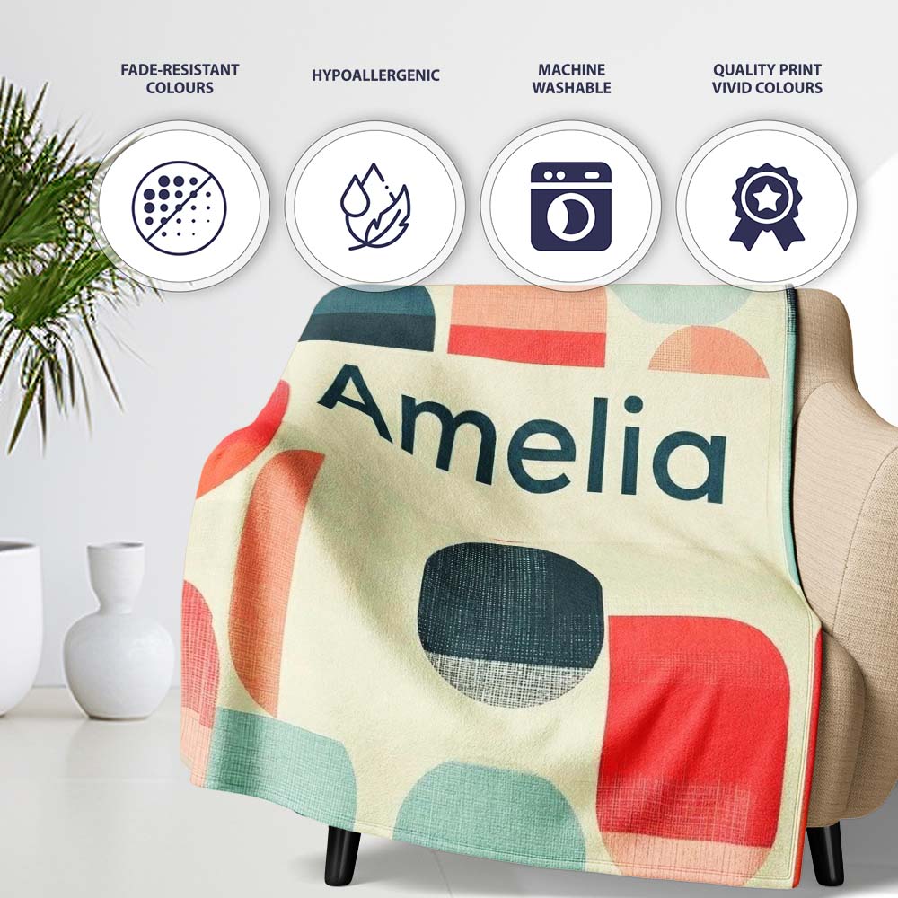 Abstract Minimal Capsule Shapes Mid Century Modern Seamless Pattern Personalised Custom Name Super Soft Fleece Blanket Bed Sofa Throw