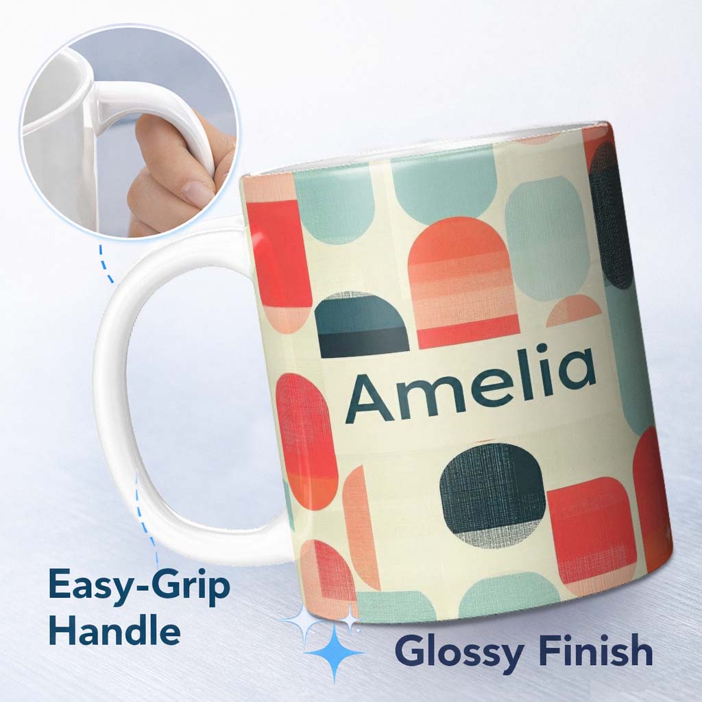 Personalized Custom Name Abstract Minimal Capsule Shapes Mid Century Modern Seamless Pattern 11oz Ceramic Coffee Tea Mug White Large Handle