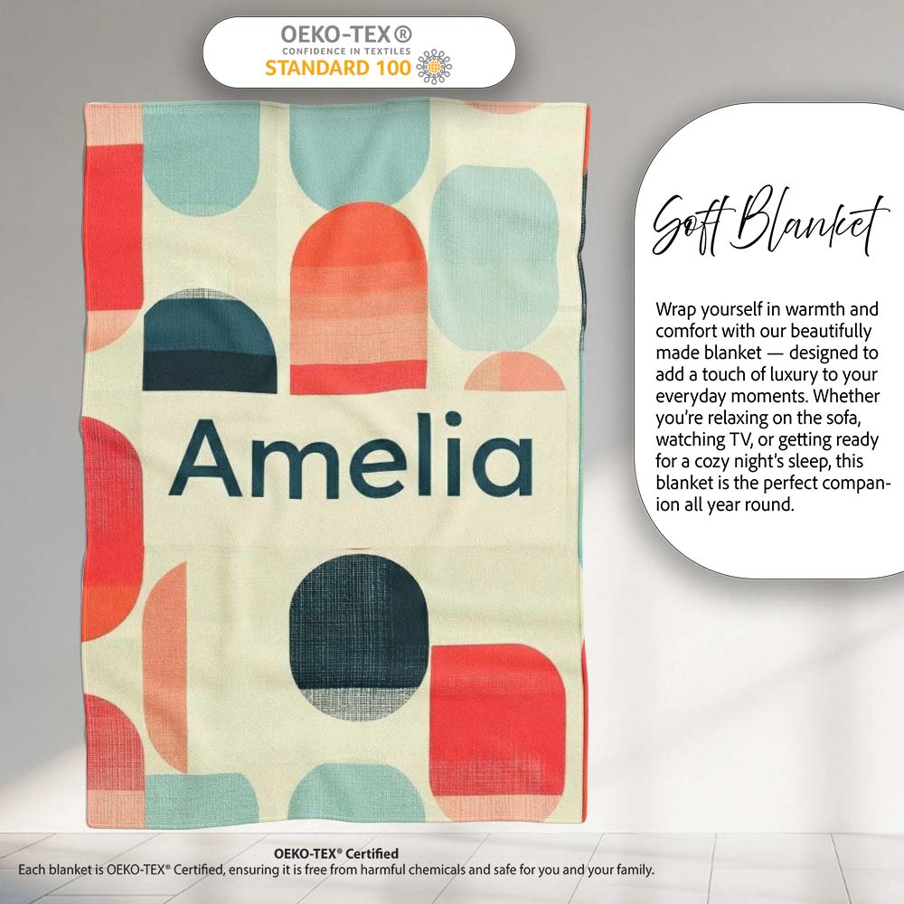 Abstract Minimal Capsule Shapes Mid Century Modern Seamless Pattern Personalised Custom Name Super Soft Fleece Blanket Bed Sofa Throw