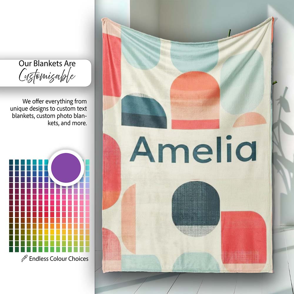 Abstract Minimal Capsule Shapes Mid Century Modern Seamless Pattern Personalised Custom Name Super Soft Fleece Blanket Bed Sofa Throw