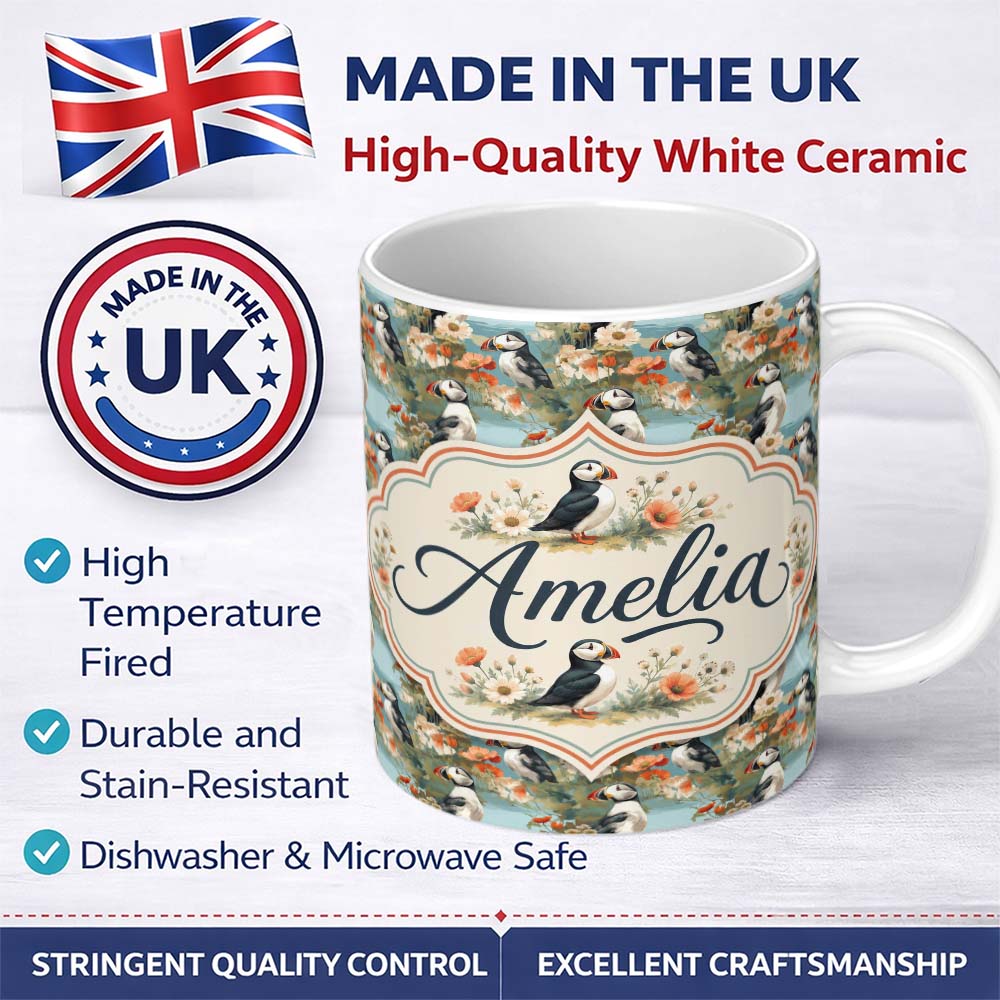 Personalized Custom Name Vintage Style Puffin Birds with Floral Garden Seamless Pattern 11oz Ceramic Coffee Tea Mug White Large Handle