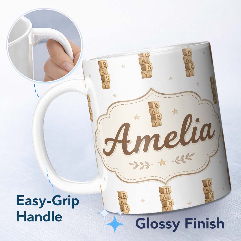 Personalized Custom Name Baby Wooden Alphabet Blocks Seamless Pattern on Soft Grey Lovely 11oz Ceramic Coffee Tea Mug White Large Handle