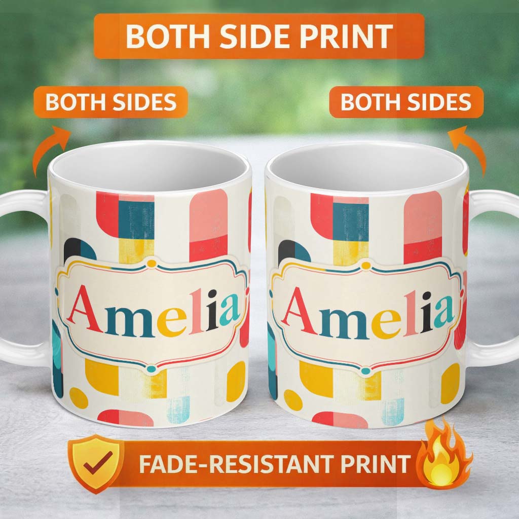 Personalized Custom Name Abstract Textured Rounded Shapes Color Block Modern Seamless 11oz Ceramic Coffee Tea Mug White Large Handle