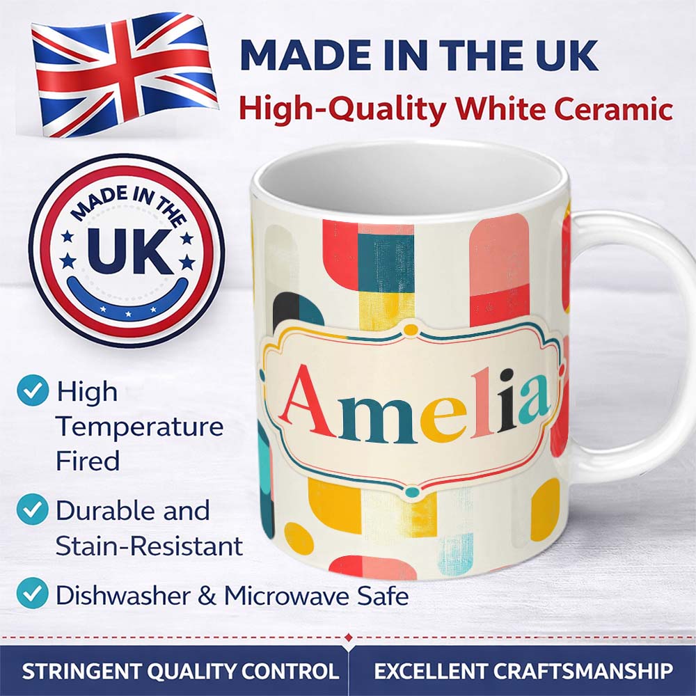 Personalized Custom Name Abstract Textured Rounded Shapes Color Block Modern Seamless 11oz Ceramic Coffee Tea Mug White Large Handle