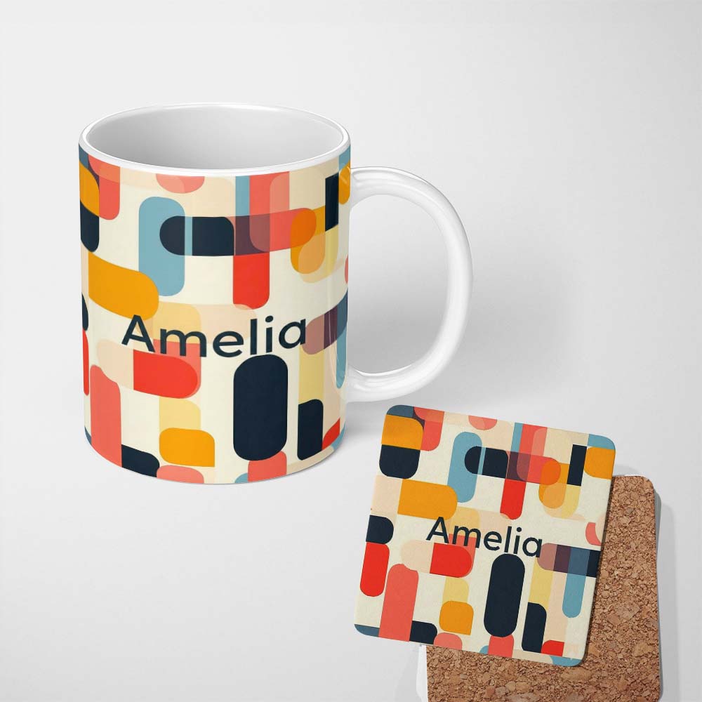 Personalized Custom Name Abstract Mid Century Rounded Geometric Shape Soft Colors Seamless 11oz Ceramic Coffee Tea Mug White Large Handle