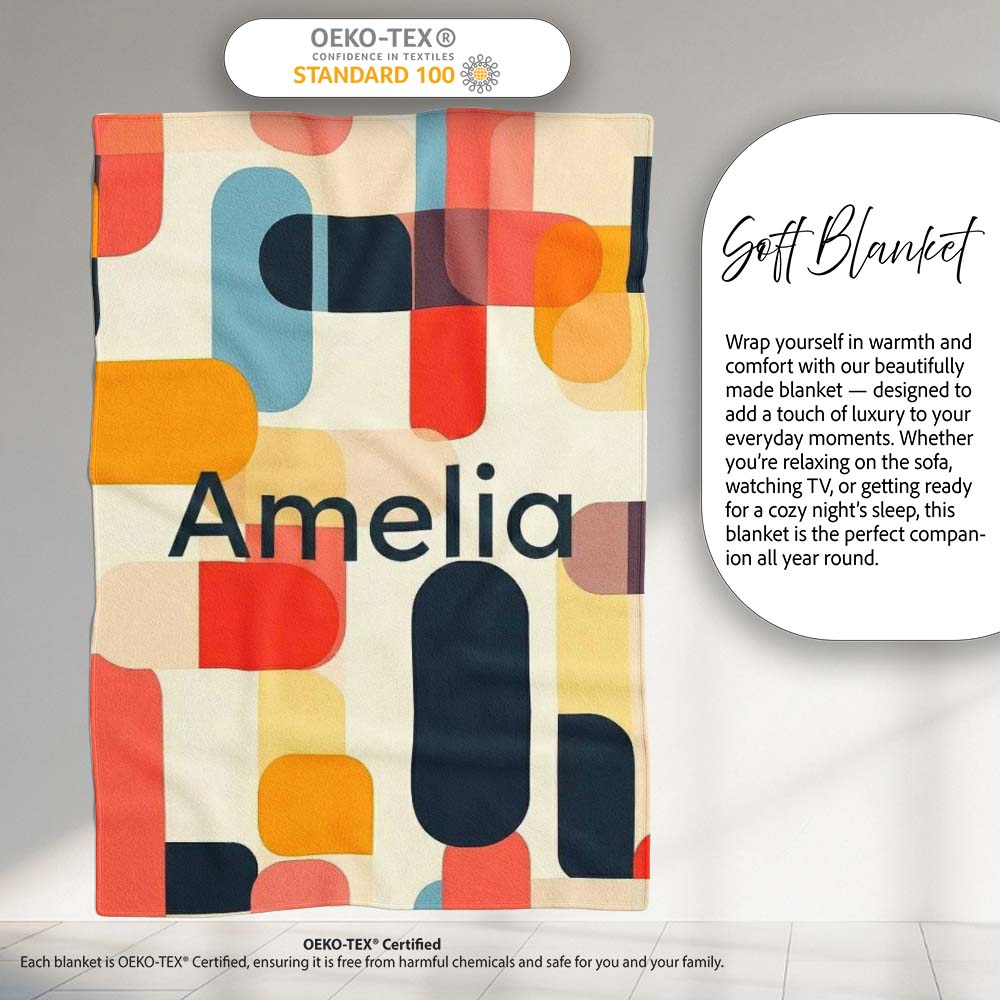Abstract Mid Century Rounded Geometric Shape Soft Colors Seamless Personalised Custom Name Super Soft Fleece Blanket Bed Sofa Throw