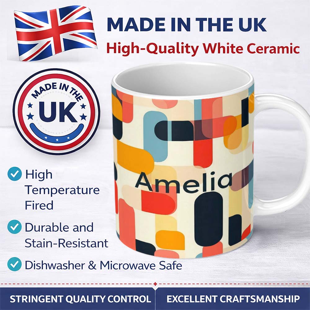 Personalized Custom Name Abstract Mid Century Rounded Geometric Shape Soft Colors Seamless 11oz Ceramic Coffee Tea Mug White Large Handle