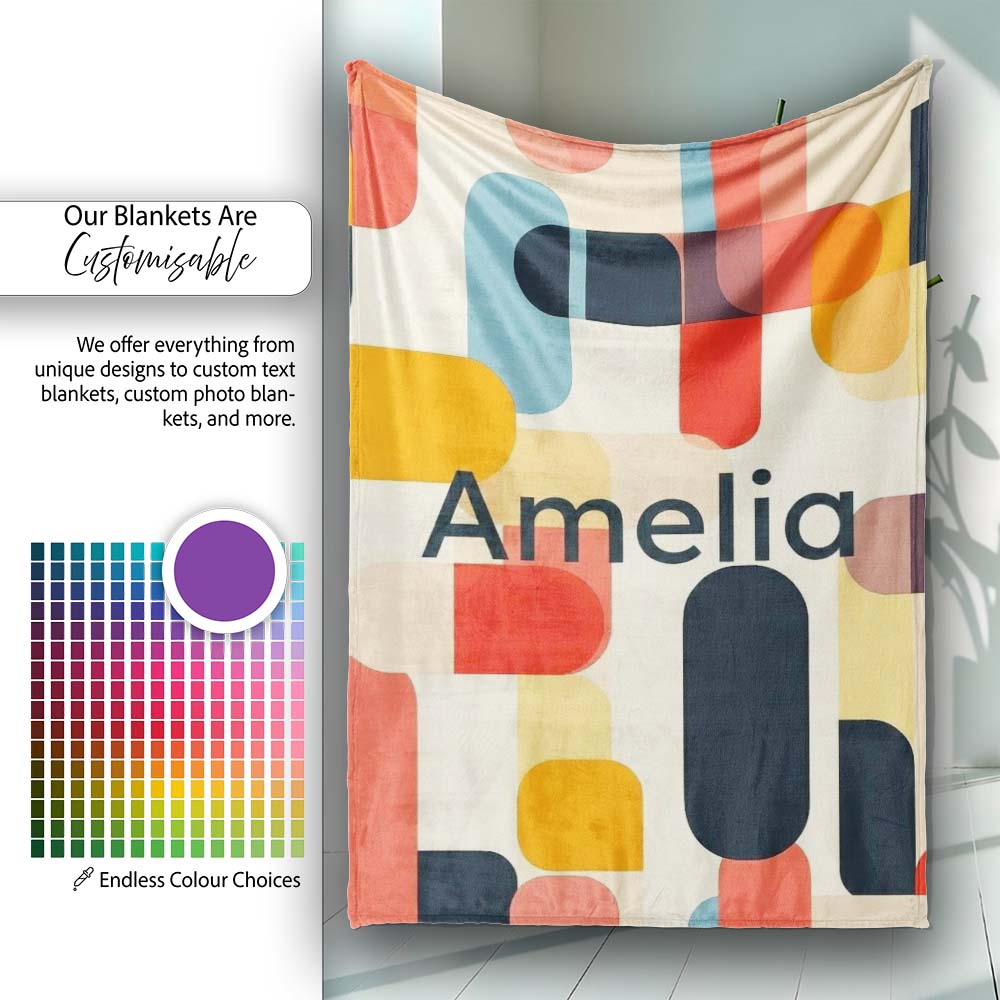 Abstract Mid Century Rounded Geometric Shape Soft Colors Seamless Personalised Custom Name Super Soft Fleece Blanket Bed Sofa Throw