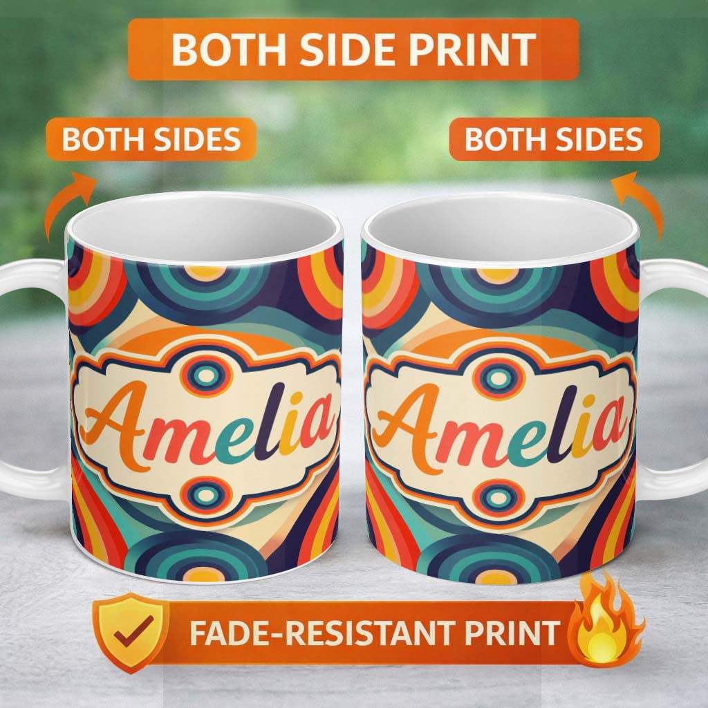 Personalized Custom Name Abstract Concentric Circles Layered Rings Bold Color Seamless 11oz Ceramic Coffee Tea Mug White Large Handle