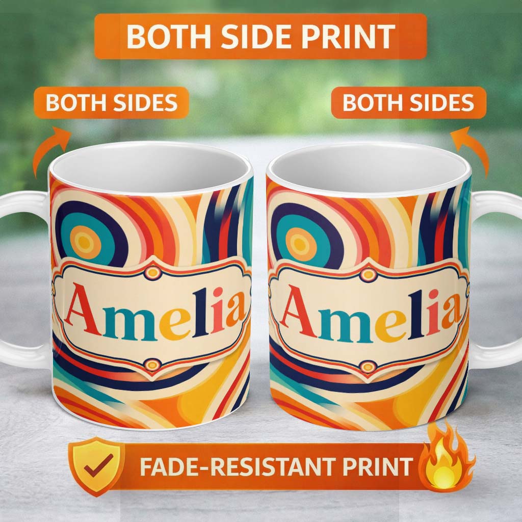 Personalized Custom Name Abstract Wavy Layered Circular Lines Gradient Seamless Pattern Name 11oz Ceramic Coffee Tea Mug White Large Handle