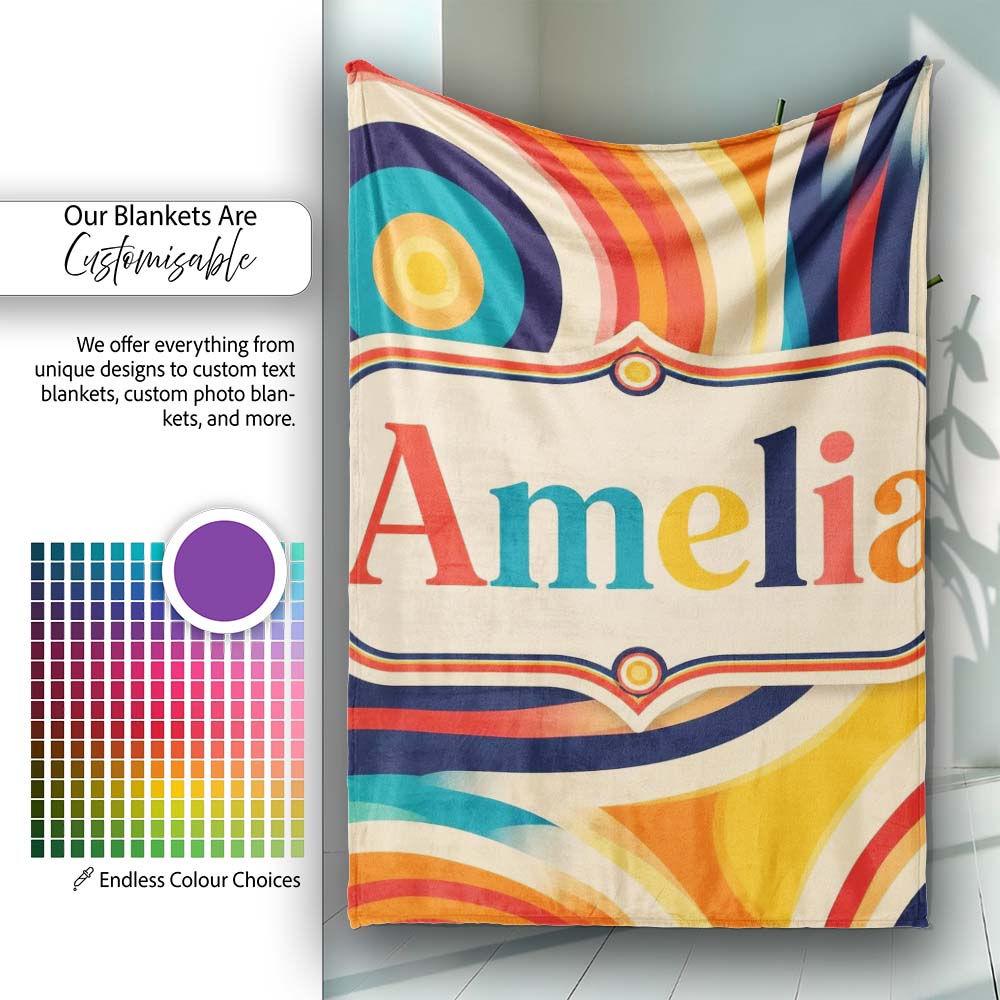 Abstract Wavy Layered Circular Lines Gradient Seamless Pattern Name Personalised Custom Name Super Soft Fleece Blanket Bed Sofa Throw