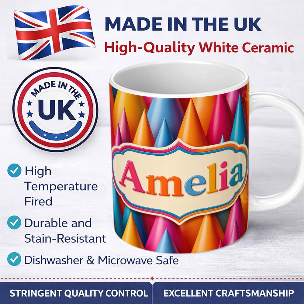 Personalized Custom Name Abstract Colorful 3D Cone Shapes Modern Geometric Gradient Seamless 11oz Ceramic Coffee Tea Mug White Large Handle