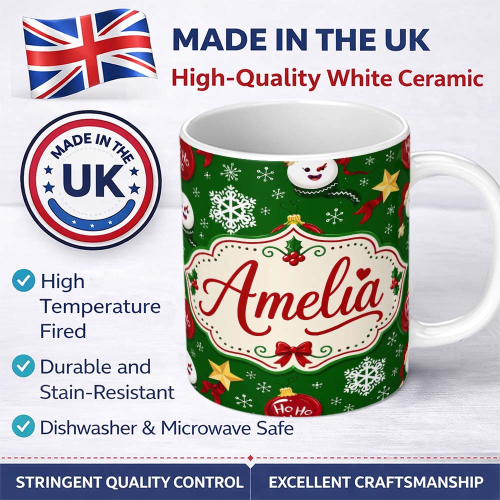 Personalized Custom Name Cute Snowman Ho Ho Baubles Stars Festive Holiday Seamless Pattern 11oz Ceramic Coffee Tea Mug White Large Handle