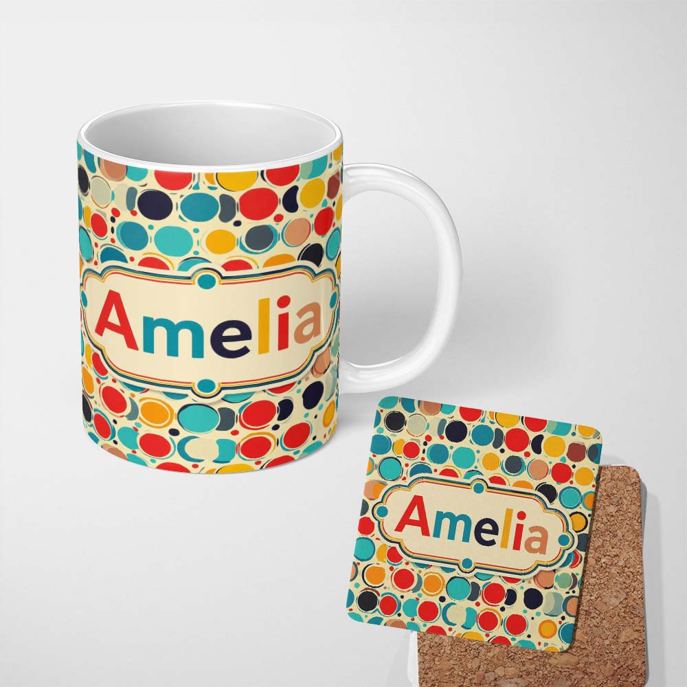 Personalized Custom Name Abstract Polka Dot Organic Circles Soft Pastel Seamless Pattern 11oz Ceramic Coffee Tea Mug White Large Handle