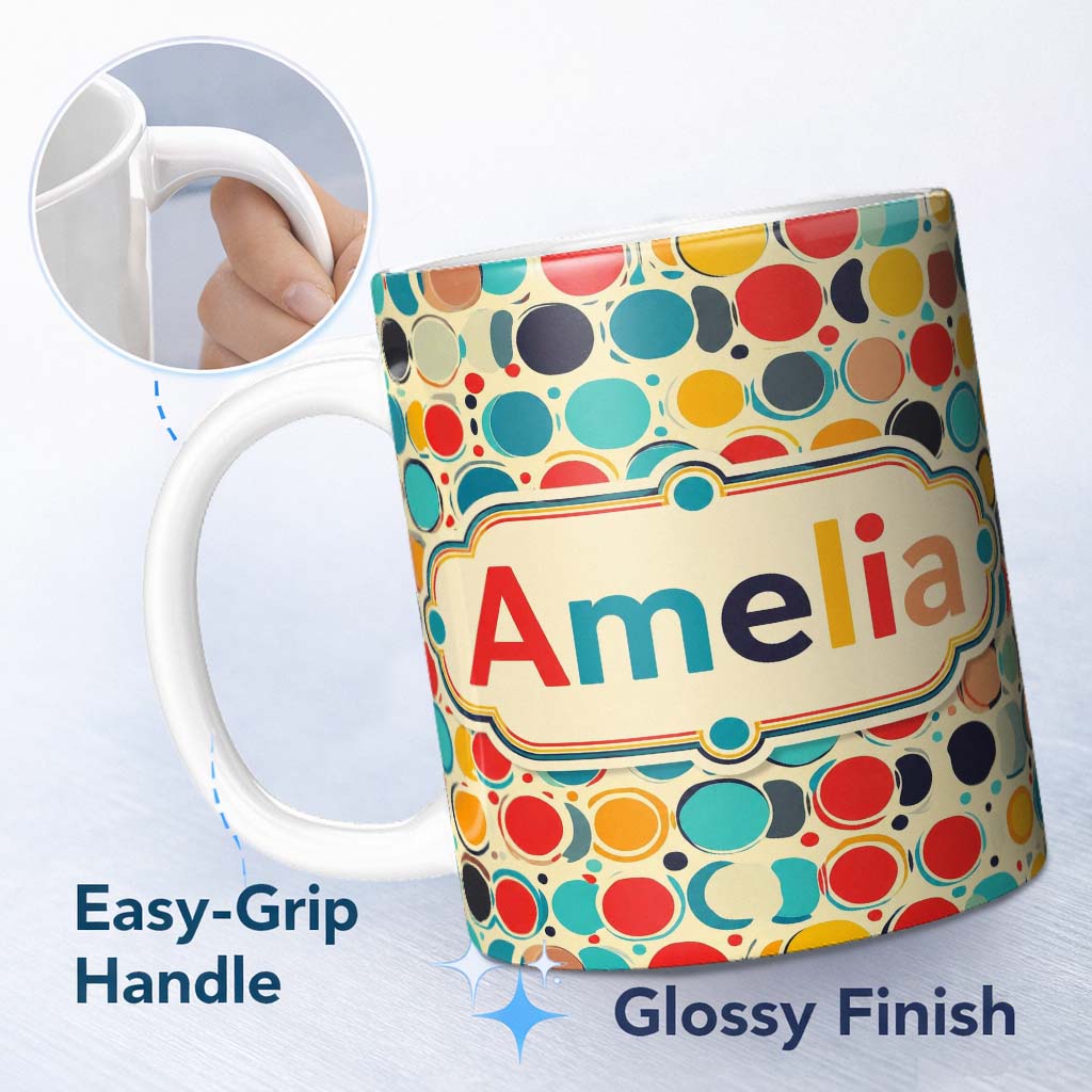 Personalized Custom Name Abstract Polka Dot Organic Circles Soft Pastel Seamless Pattern 11oz Ceramic Coffee Tea Mug White Large Handle