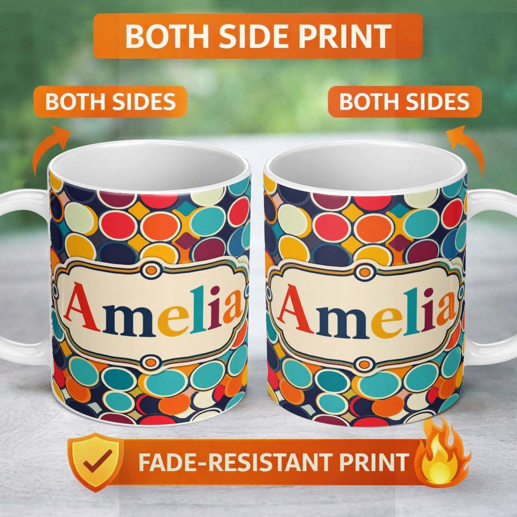 Personalized Custom Name Abstract Bold Circular Shapes Overlapping Pop Art Seamless Pattern 11oz Ceramic Coffee Tea Mug White Large Handle