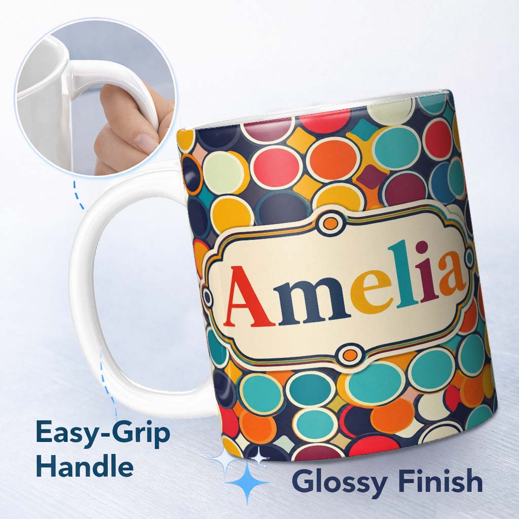 Personalized Custom Name Abstract Bold Circular Shapes Overlapping Pop Art Seamless Pattern 11oz Ceramic Coffee Tea Mug White Large Handle