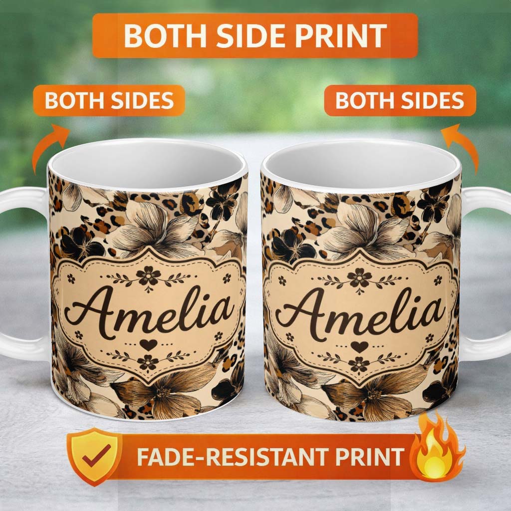 Personalized Custom Name Elegant Neutral Floral and Leopard Print with Hand Drawn Botanical 11oz Ceramic Coffee Tea Mug White Large Handle