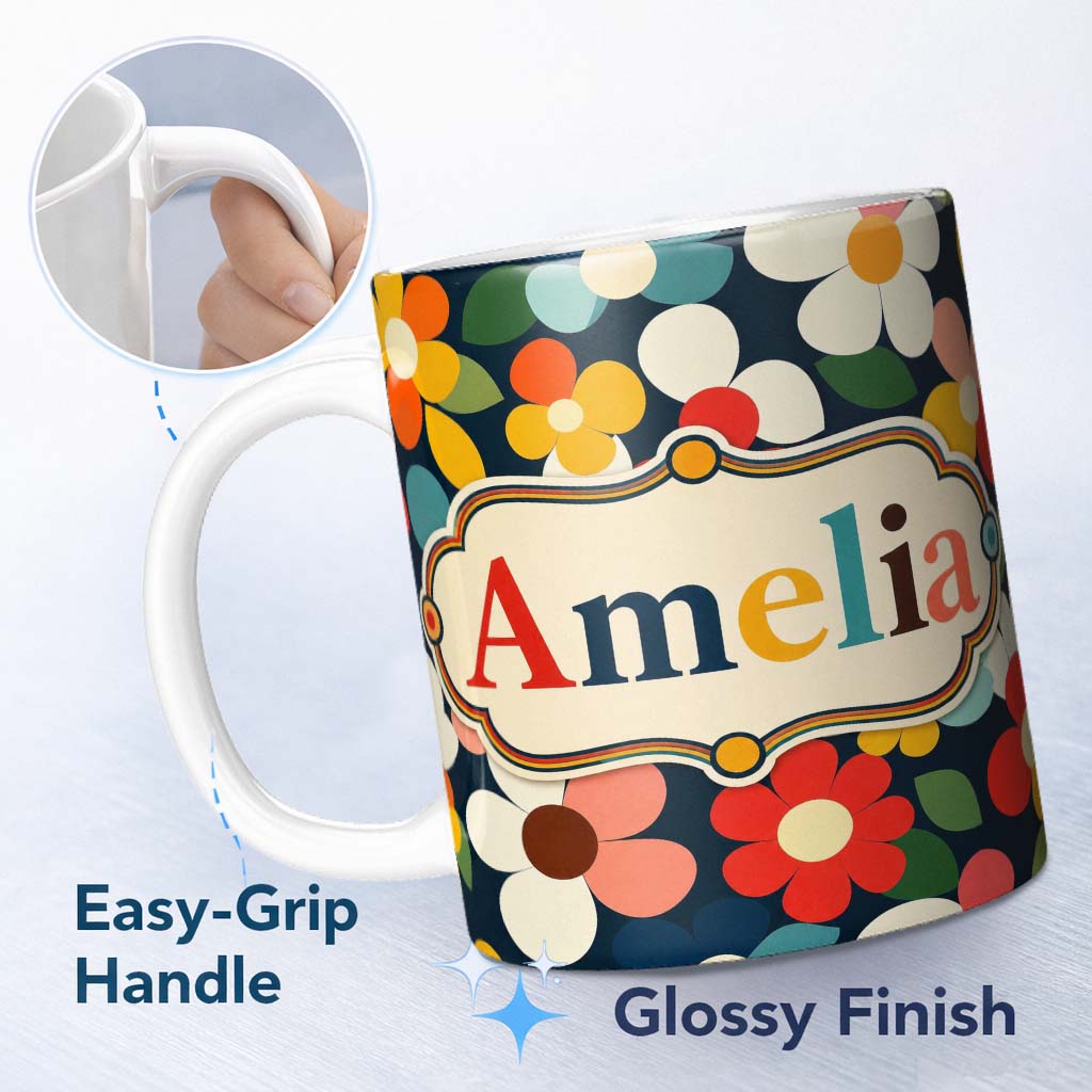 Personalized Custom Name Colorful Daisy Flowers Dark Background Seamless Pattern Name Cute 11oz Ceramic Coffee Tea Mug White Large Handle