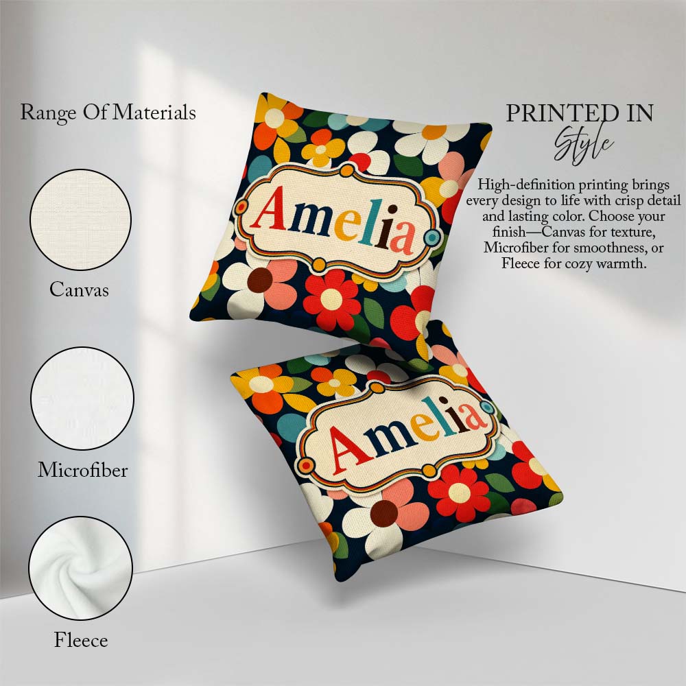Custom Name Colorful Daisy Flowers Dark Background Seamless Name Square Filled Cushion Throw Pillow Sofa Bed Home Decor Zip Washable UK Made