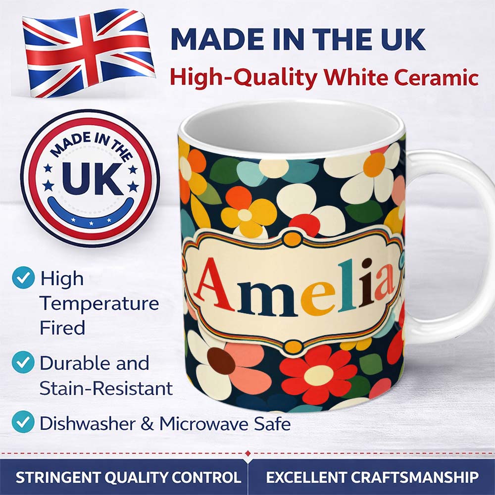 Personalized Custom Name Colorful Daisy Flowers Dark Background Seamless Pattern Name Cute 11oz Ceramic Coffee Tea Mug White Large Handle